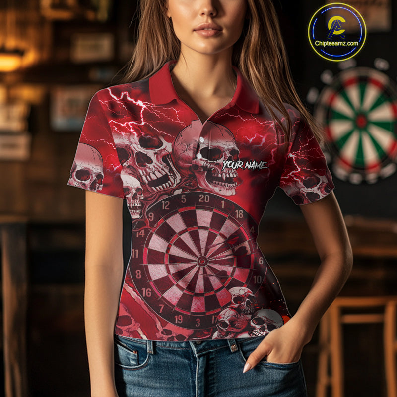 Red Funny Skull Lightning Darts Shirt For Women Custom Darts Team Jersey Polo & Quarter Zip TDM4981