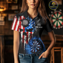 Load image into Gallery viewer, Patriotic American Flag Grunge Skull Womens Dart Shirts Custom Dart Jerseys Team Polo &amp; 1/4 Zip TDM5171