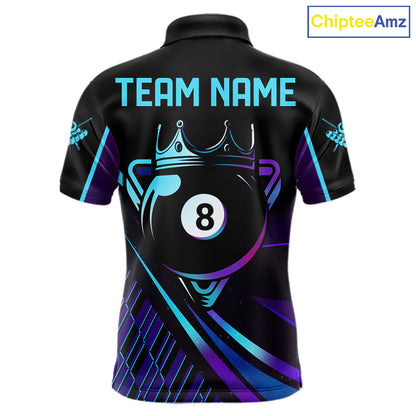 Custom Purple And Turquoise 8 Ball Crown Billiard Shirt For Men, Pool Team Jersey Polo & 1/4 Zip TDM5905