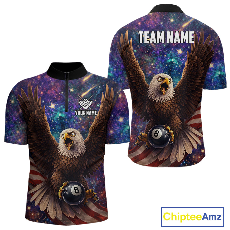 Funny Eagle Galaxy Billiard Shirt For Men Custom 8 Ball Pool Team Jersey Polo &1/4 Zip TDM6044