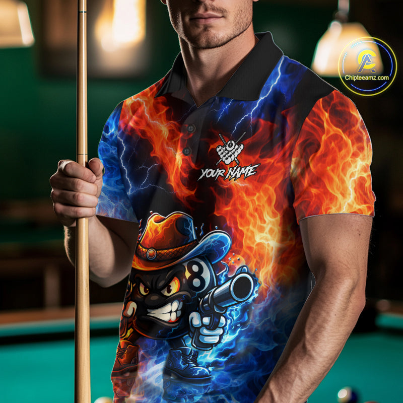 Blue And Orange Funny 8 Ball Flame Billiard Shirt For Men, Pool Team Jersey Polo & 1/4 Zip TDM6051