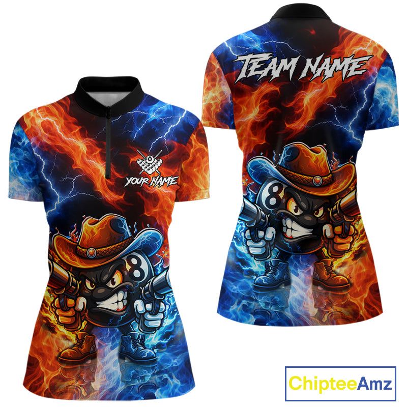 Blue And Orange Funny 8 Ball Flame Billiard Shirt For Women, Pool Team Jersey Polo & 1/4 Zip TDM6051
