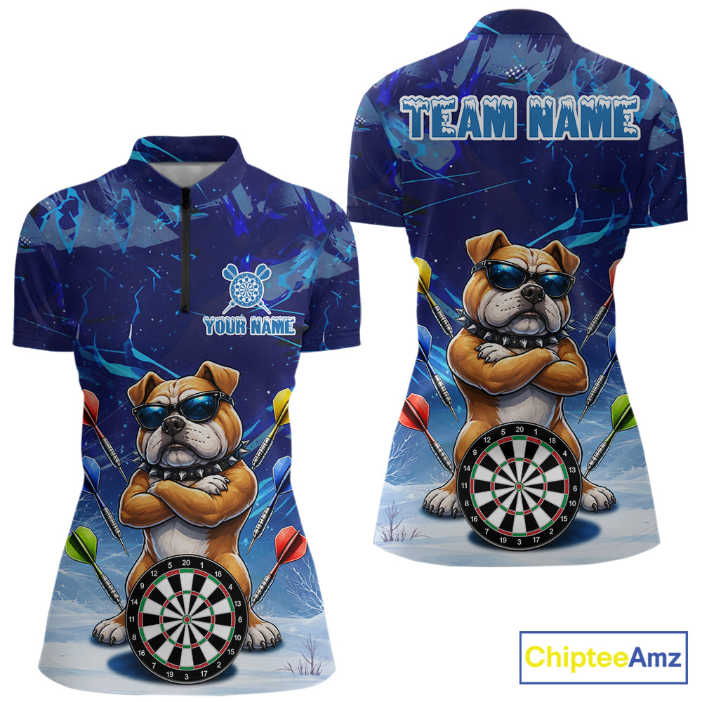 Personalized Blue Funny Bulldog Darts Shirt For Women Custom Darts Jersey Team Polo & 1/4 Zip TDM6481