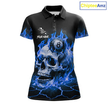 Load image into Gallery viewer, Blue flaming skull 8 ball and 9 ball billiard polo shirt for women with custom pool team graphics.