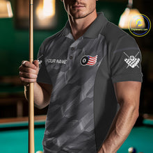 Load image into Gallery viewer, Man wearing a metal grey American flag 8 ball billiard jersey beside a pool table front view.