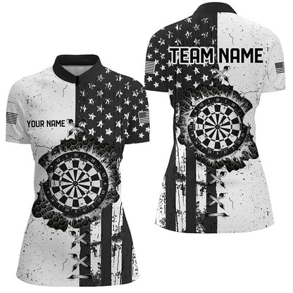 Personalized Black White Grunge US Flag Darts Shirts For Women Custom Patriotic Retro Darts Jerseys TDM1986