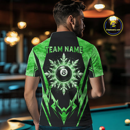 Man wearing black and green 8 ball pool icy billiard team jersey polo shirt featuring the frozen 8 ball artwork, back view.