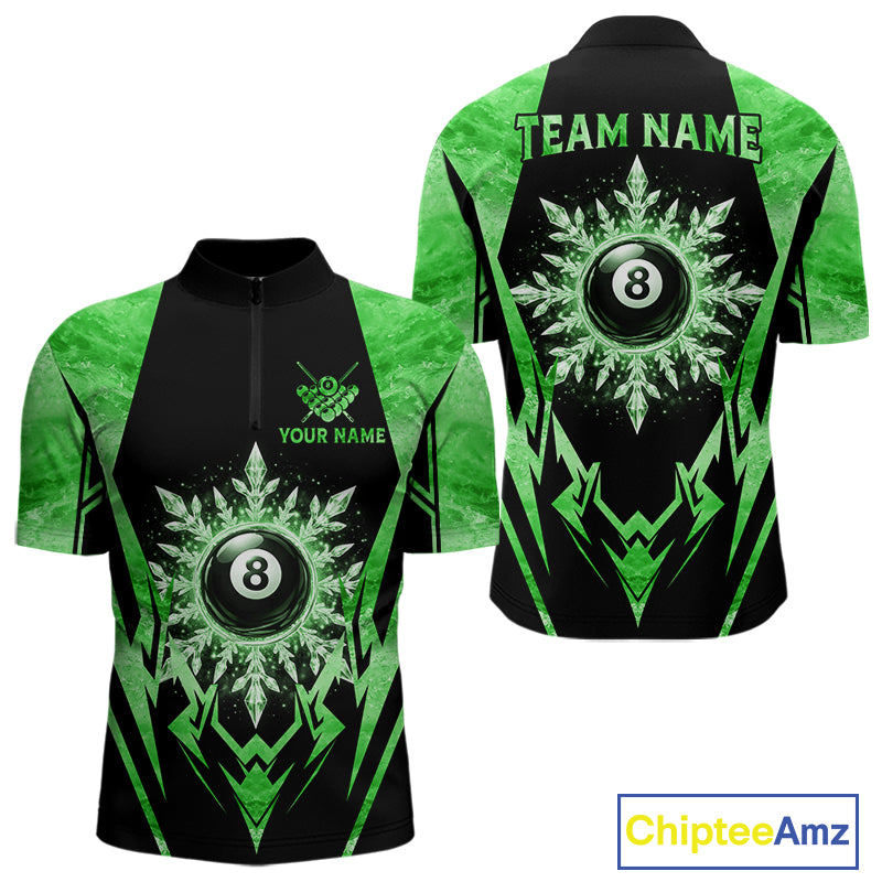 Black and green 8 ball pool icy billiard team jersey quarter zip shirt for men featuring icy 8 ball artwork with bold green accents for competitive pool players.