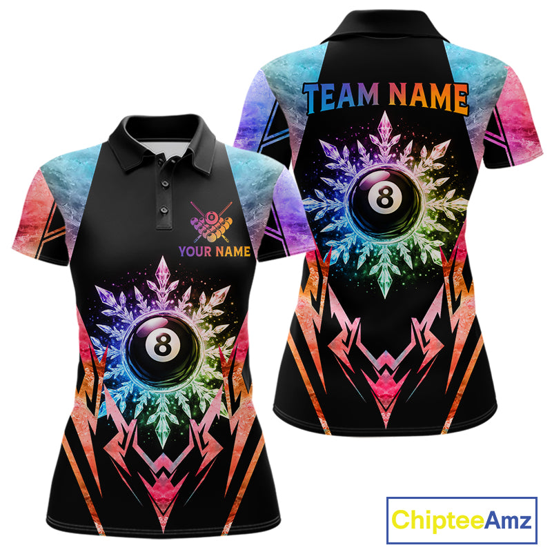 Custom colorful 8 ball pool icy billiard team jersey polo shirt for women featuring vibrant frozen ice artwork, premium pool league apparel for tournaments and competitive billiard players.