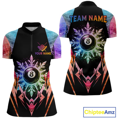 Custom colorful 8 ball pool icy billiard team jersey quarter zip shirt for women featuring colorful frozen 8 ball artwork and premium billiard league styling.