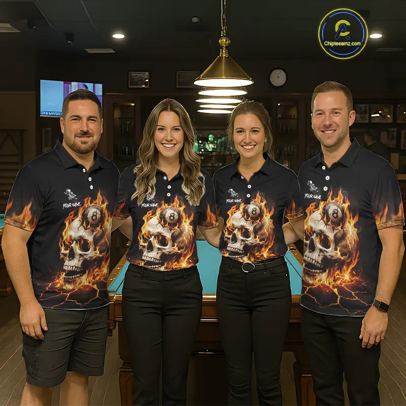 Orange Flaming Skull 8 Ball Billiard Shirt For Men Custom Pool Team Jersey Polo & Quarter Zip TDM5421