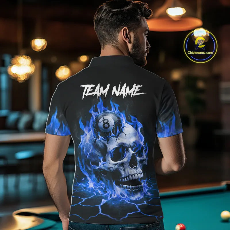 Blue Flaming Skull 8 Ball Billiard Shirt For Men Custom Pool Team Jersey Polo & Quarter Zip TDM5422