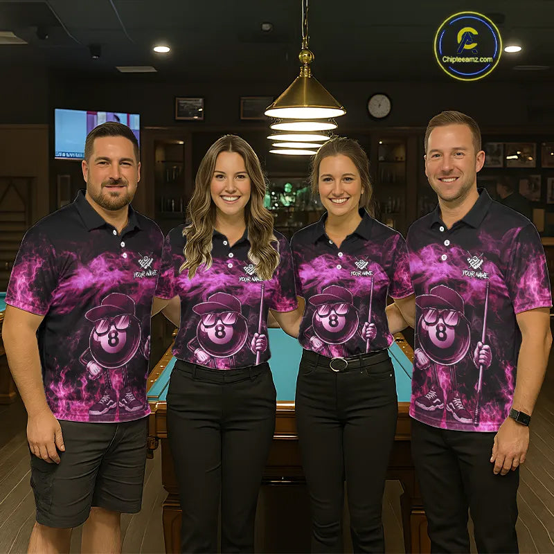 Pink Funny 8 Ball Pool Flame Smoke Billiard Shirt For Men Custom Billiard Team Jersey Uniform TDM5693