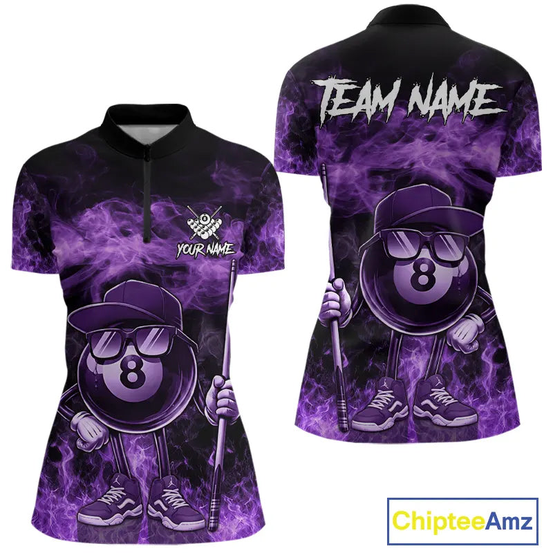 Purple Funny 8 Ball Pool Flame Smoke Billiard Shirt For Women Custom Billiard Team Jersey Uniform TDM5694