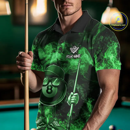 Green Funny 8 Ball Pool Flame Smoke Billiard Shirt For Men Custom Billiard Team Jersey Uniform TDM5695