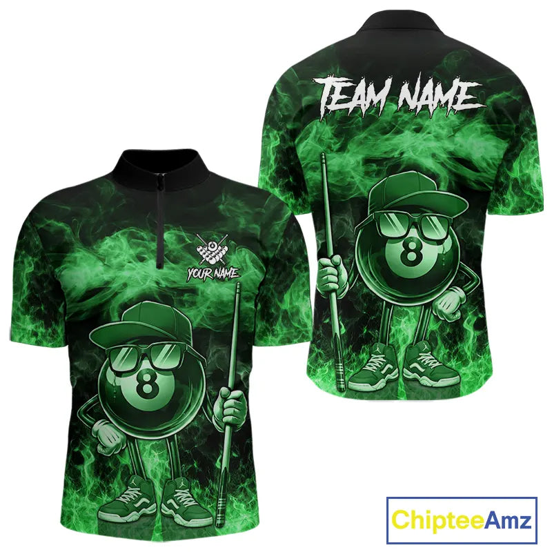 Green Funny 8 Ball Pool Flame Smoke Billiard Shirt For Men Custom Billiard Team Jersey Uniform TDM5695