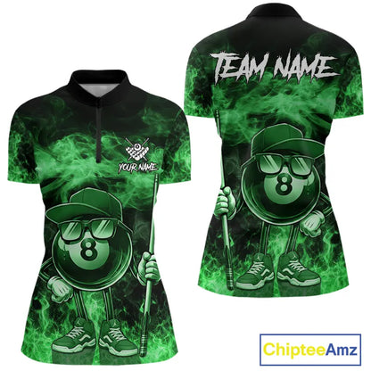Green Funny 8 Ball Pool Flame Smoke Billiard Shirt For Women Custom Billiard Team Jersey Uniform TDM5695