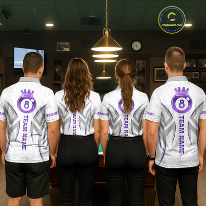 White And Purple Custom Crown 8 Ball Women's Billiards Shirts, Billiard Jersey Team Polo & 1/4 Zip TDM6054