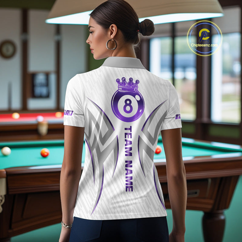 White And Purple Custom Crown 8 Ball Women's Billiards Shirts, Billiard Jersey Team Polo & 1/4 Zip TDM6054