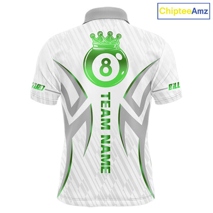 White And Green Custom Crown 8 Ball Men's Billiards Shirts, Billiard Jersey Team Polo & 1/4 Zip TDM6055
