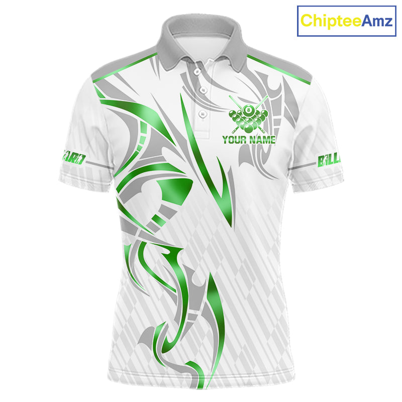 White And Green Custom Crown 8 Ball Men's Billiards Shirts, Billiard Jersey Team Polo & 1/4 Zip TDM6055