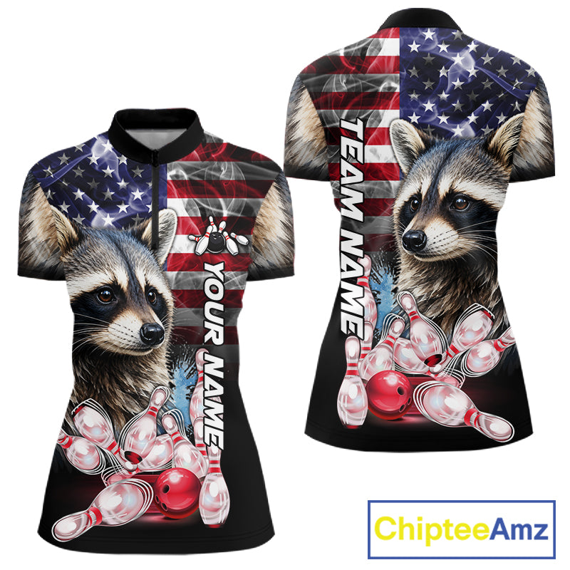Smoke American Flag Raccoon Bowling Quarter Zip Shirt For Women Custom Patriotic Bowling Team Jersey