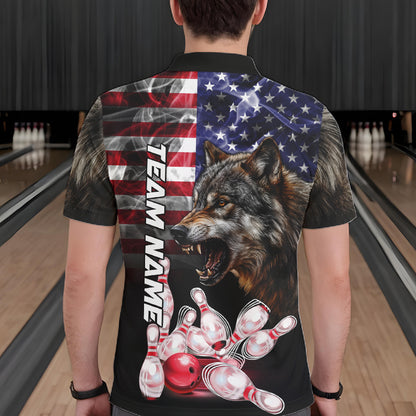 Man Wearing Smoke American Flag Wolf Bowling Polo Shirt Back View Patriotic Bowling Team Jersey