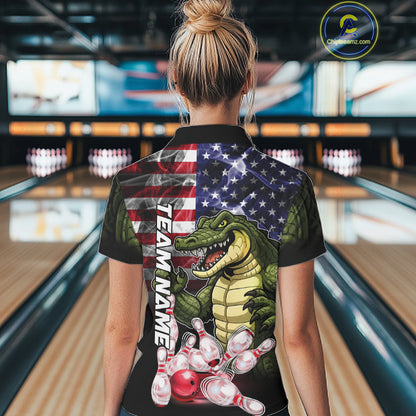 Woman Wearing Smoke American Alligator Bowling Polo Shirt Back View Patriotic Bowling Team Jersey