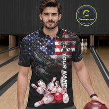 Load image into Gallery viewer, Man Wearing Smoke American Flag Scorpion Bowling Polo Shirt Front View Custom Patriotic Bowling Jersey