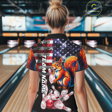 Load image into Gallery viewer, Woman Wearing Smoke American Flag Squirrel Bowling Polo Shirt Back View Patriotic Bowling Team Jersey