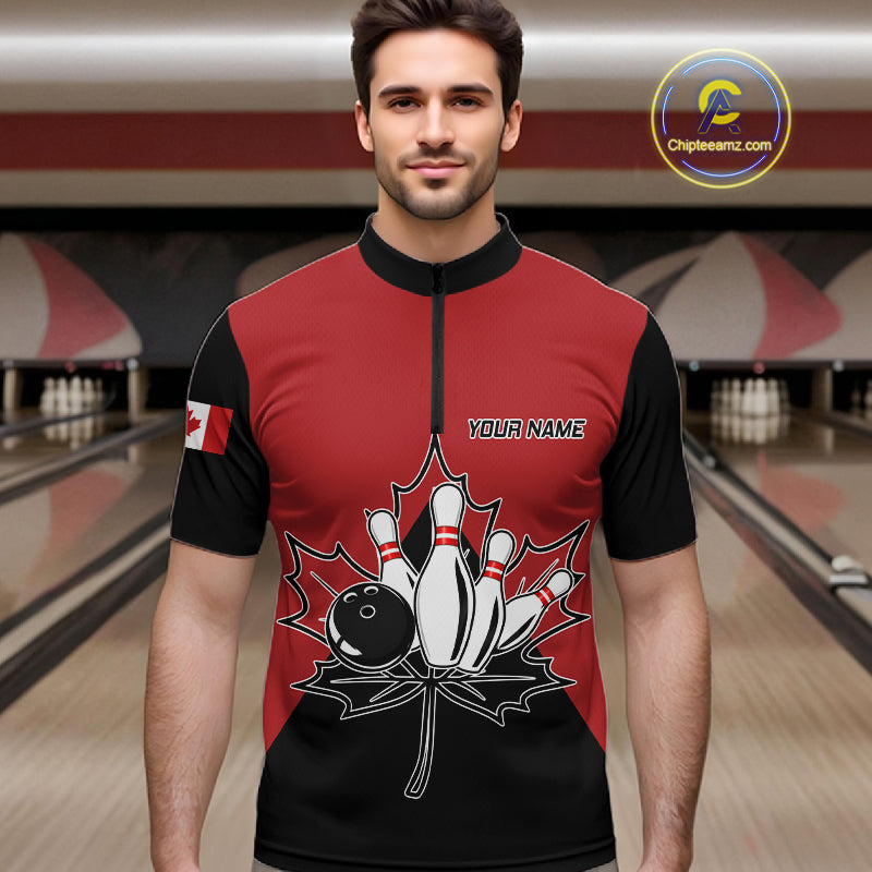 Man Wearing Canada Bowling Quarter Zip Shirt Front View Custom Bowling Team Jersey