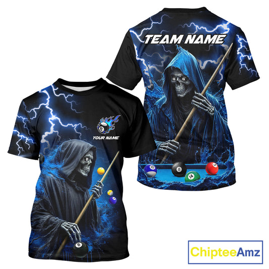 Blue Grim Reaper Billiard T-Shirt For Men Custom Thunder Lightning 8 Ball Pool Team Jersey TDM2198