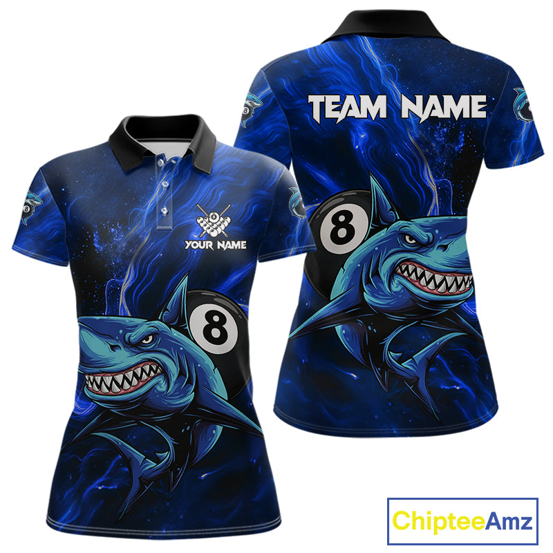Personalized Blue 8 Ball Shark Billiard Shirt For Women Custom Billiard Team Jersey Polo & 1/4 Zip TDM5192