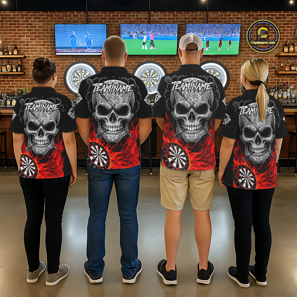 Black And Red Flaming Skull Darts Shirt For Women Custom Darts League Jersey Team Polo & 1/4 Zip TDM5435