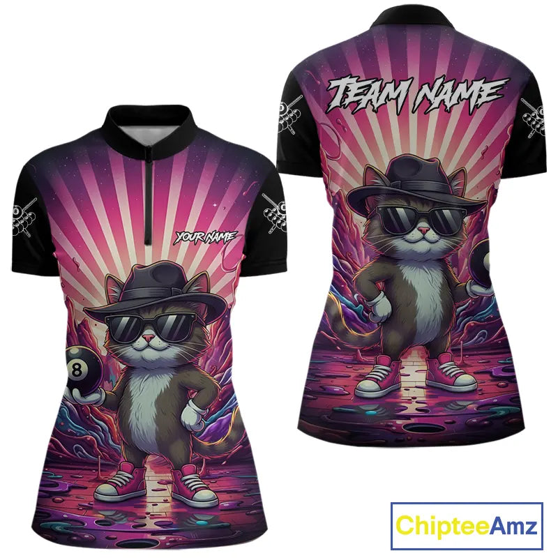 Funny Cat 8 Ball Billiard Shirt For Women Custom Neon Graffiti Billiard Jersey Team Polo & 1/4 Zip TDM5444