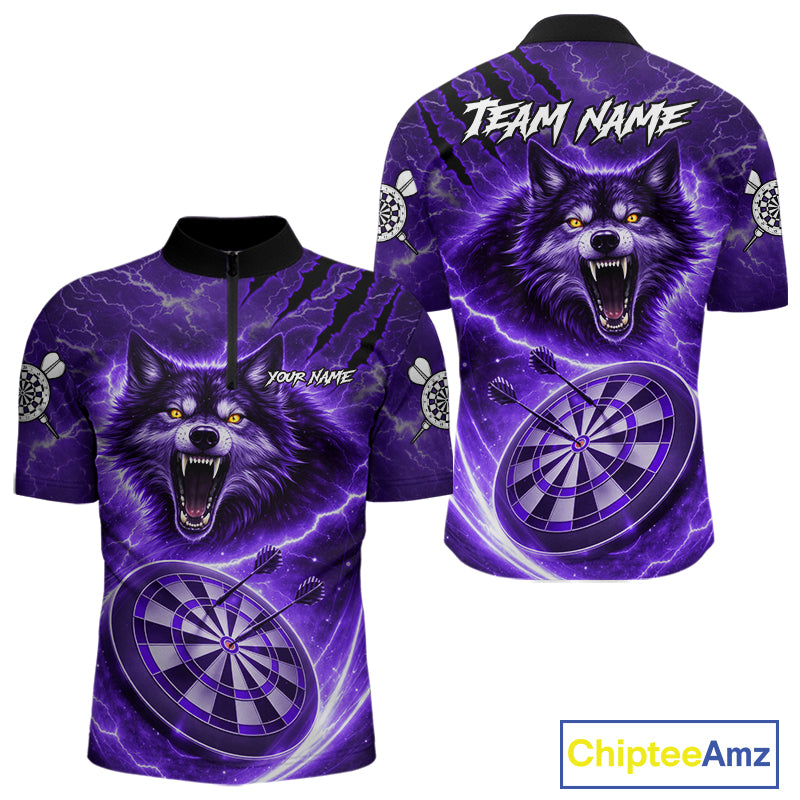 Personalized Purple Dartboard Lightning Wolf Darts Shirt For Men, Darts Team Jersey Polo & 1/4 Zip TDM5919