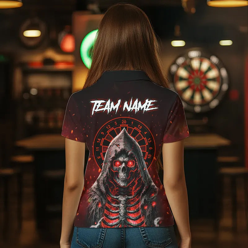 Red And Black Glowing Fire Grim Reaper Dart Shirts For Women Custom Dart Jerseys Polo & 1/4 Zip TDM3712