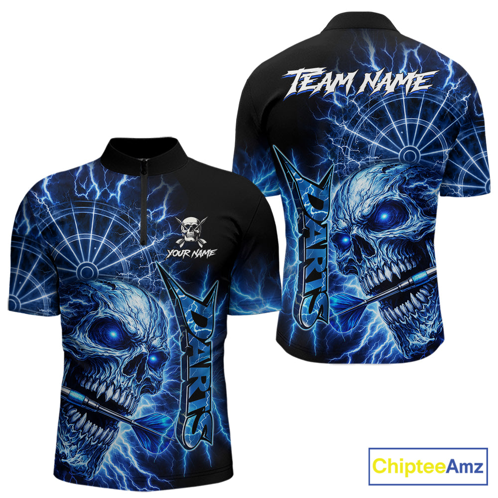 Blue Darts Skull Polo & Quarter Zip Shirt For Men Custom Thunder Lighting Darts Team Jersey TDM6061