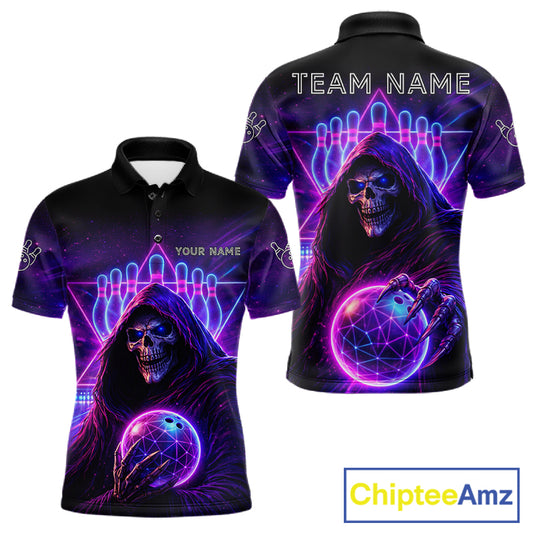 Custom Neon Grim Reaper Bowling Polo & 1/4 Zip Shirts For Men, Bowling Team Jersey Uniform TDM6317