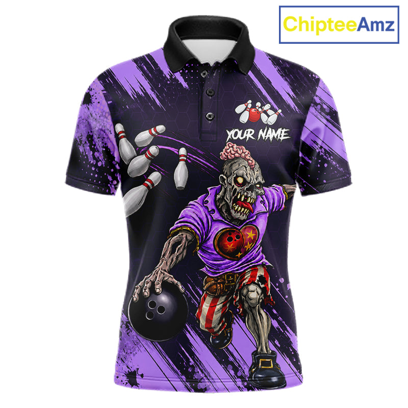 Custom Purple Funny Zombie Bowling Shirt For Men, Bowling Team League Jersey Polo & Quarter Zip TDM6499