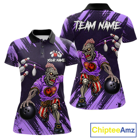 Custom Purple Funny Zombie Bowling Shirt For Women, Bowling Team League Jersey Polo & Quarter Zip TDM6499