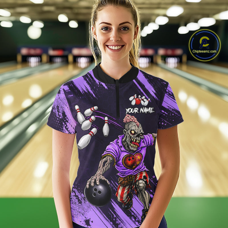 Custom Purple Funny Zombie Bowling Shirt For Women, Bowling Team League Jersey Polo & Quarter Zip TDM6499