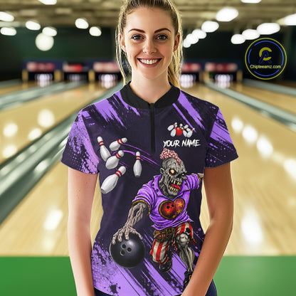 Custom Purple Funny Zombie Bowling Shirt For Women, Bowling Team League Jersey Polo & Quarter Zip TDM6499