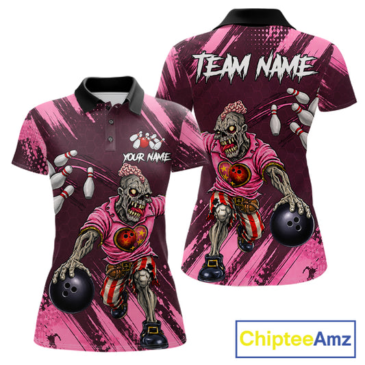 Custom Pink Funny Zombie Bowling Shirt For Women, Bowling Team League Jersey Polo & Quarter Zip TDM6500
