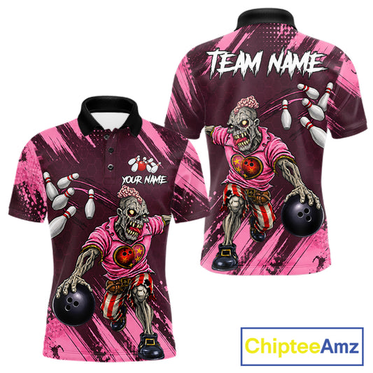 Custom Pink Funny Zombie Bowling Shirt For Men, Bowling Team League Jersey Polo & Quarter Zip TDM6500