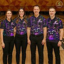 Load image into Gallery viewer, Bowling team wearing matching funny purple neon raccoon bowling jerseys during tournament matches front view.