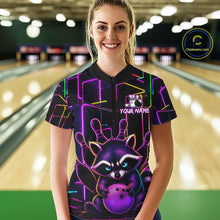 Load image into Gallery viewer, Woman wearing a funny purple neon raccoon bowling quarter zip jersey during league competition front view.