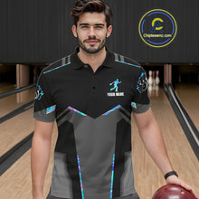 Load image into Gallery viewer, Man wearing a holographic bowling polo shirt at a bowling alley front view.