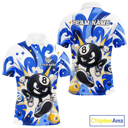 Blue funny 8 ball pool graffiti billiard team jersey polo shirt for men featuring colorful graffiti artwork, premium custom pool league apparel for tournaments, league matches and competitive billiard players.