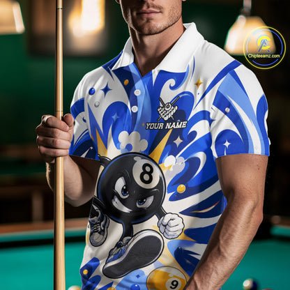 Man wearing blue funny 8 ball pool graffiti billiard team jersey polo shirt featuring colorful graffiti artwork, front view.